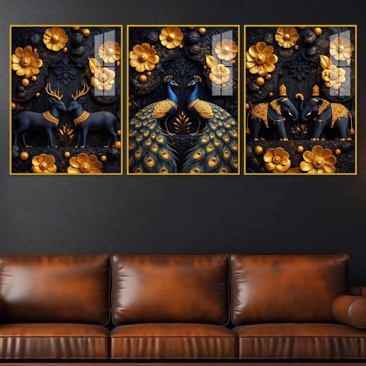 Royal Peacock Deer & Elephant Floating Acrylic Wall Painting Set of 3