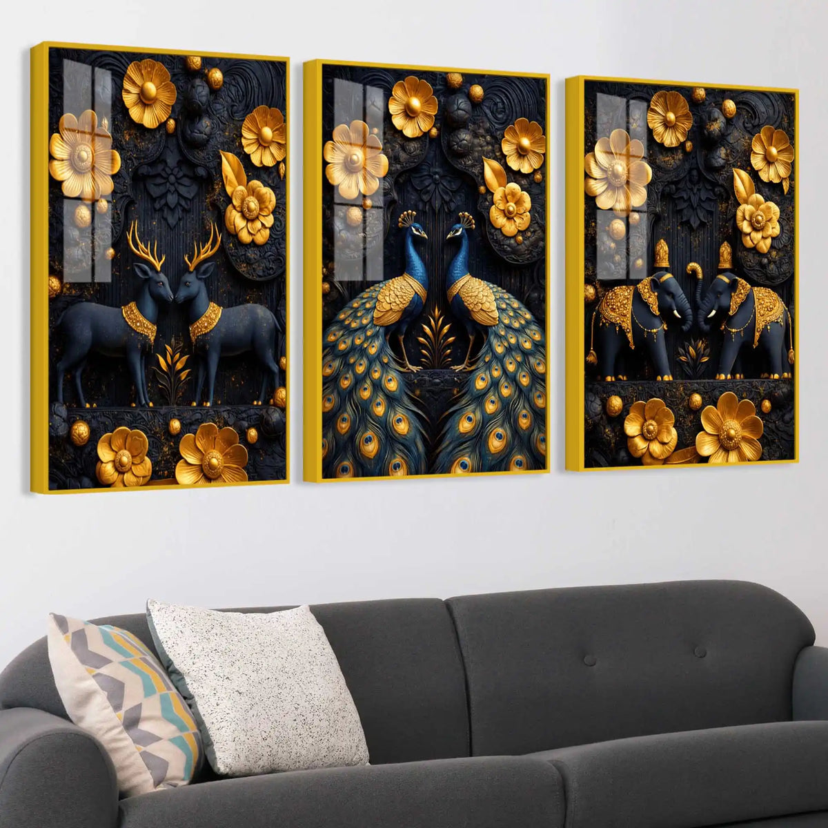 Royal Peacock Deer & Elephant Floating Acrylic Wall Painting Set of 3