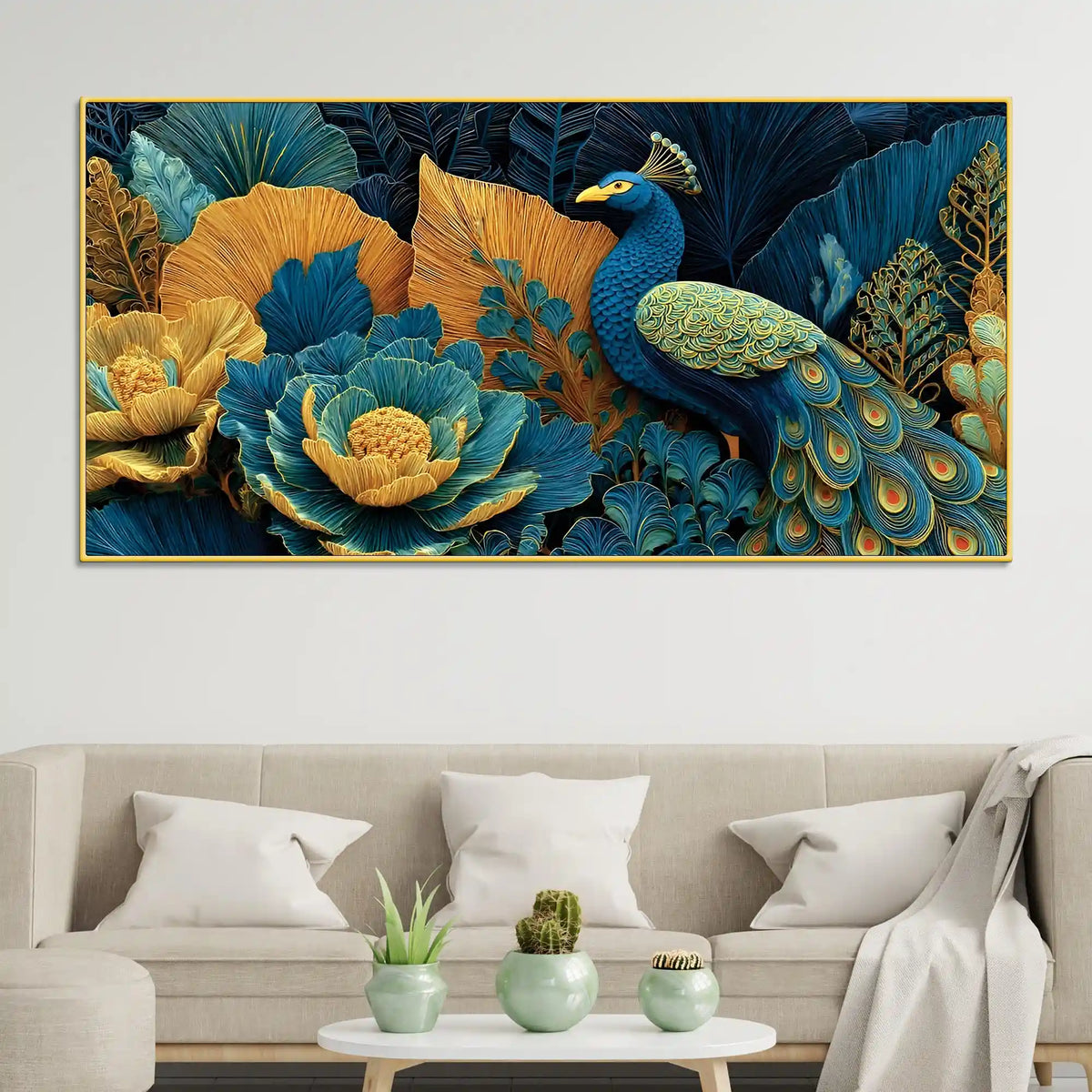 Royal Peacock in a Garden of Teal and Gold Color Canvas Wall Painting