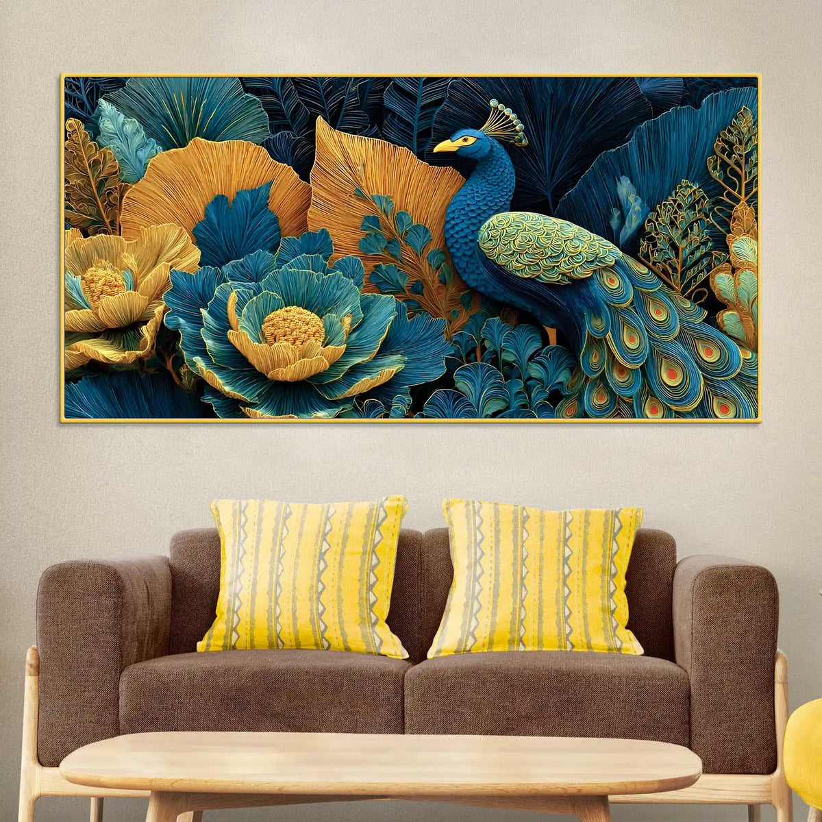Royal Peacock in a Garden of Teal and Gold Color Canvas Wall Painting