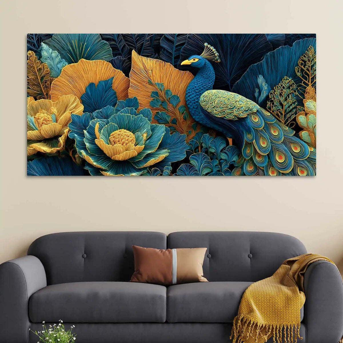 Royal Peacock in a Garden of Teal and Gold Color Canvas Wall Painting