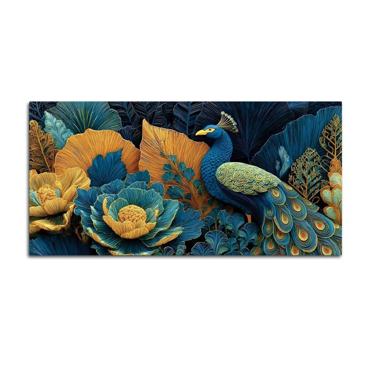 Royal Peacock in a Garden of Teal and Gold Color Canvas Wall Painting