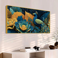 Royal Peacock in a Garden of Teal and Gold Color Canvas Wall Painting