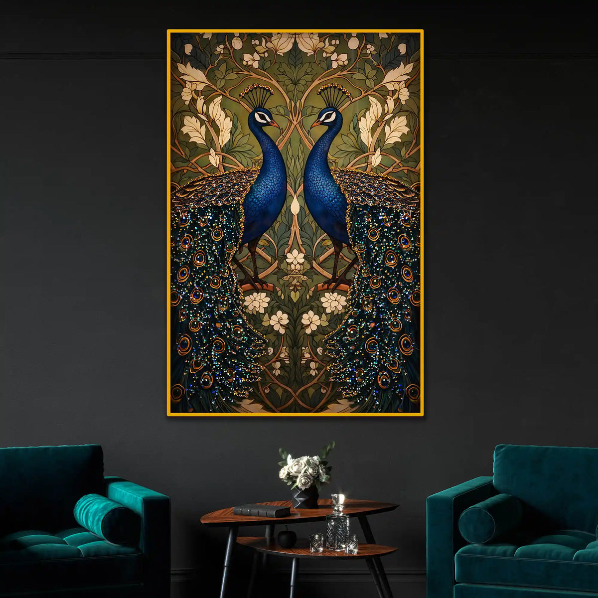 Royal Peacock Pair Floating Frame Crystal Wall Painting