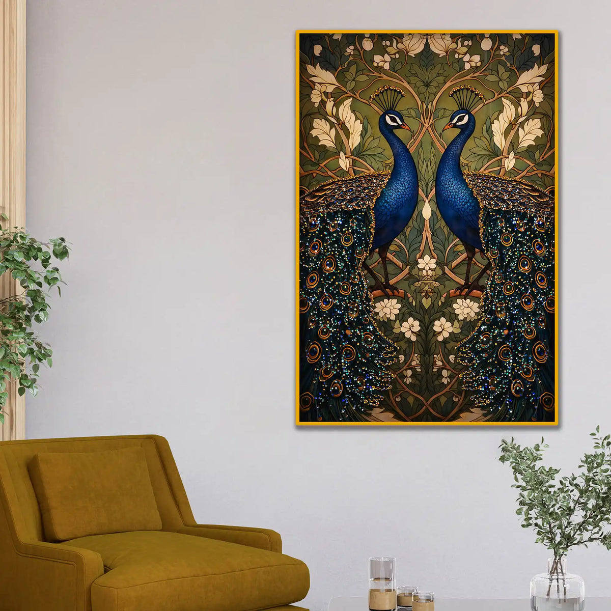 Royal Peacock Pair Floating Frame Crystal Wall Painting