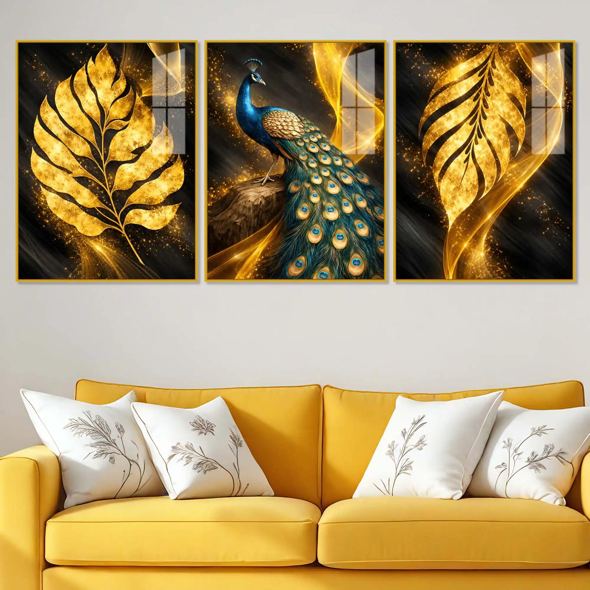 Royal Peacock with Golden Leaf Floating Acrylic Wall Painting Set of 3