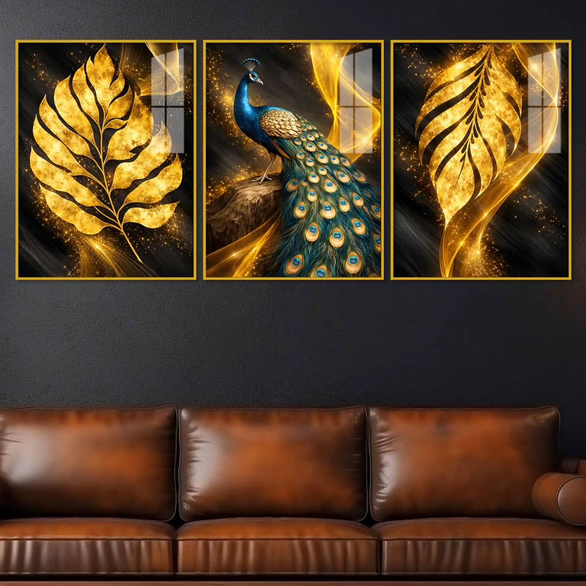 Royal Peacock with Golden Leaf Floating Acrylic Wall Painting Set of 3