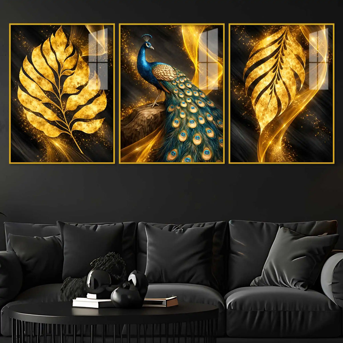Royal Peacock with Golden Leaf Floating Acrylic Wall Painting Set of 3