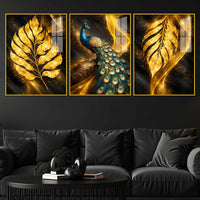 Royal Peacock with Golden Leaf Floating Acrylic Wall Painting Set of 3