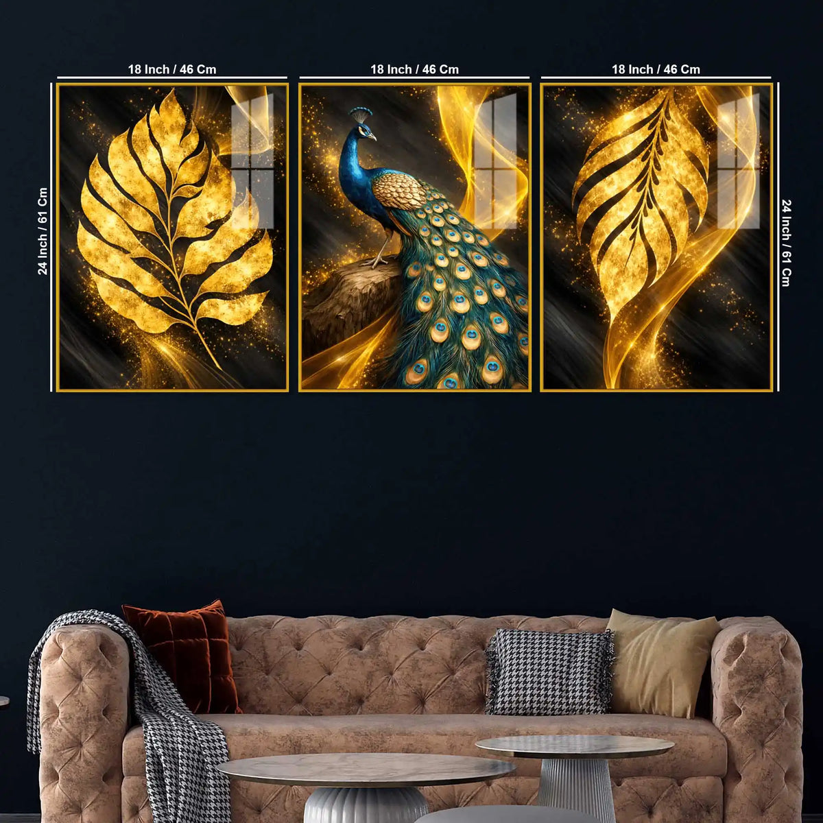 Royal Peacock with Golden Leaf Floating Acrylic Wall Painting Set of 3