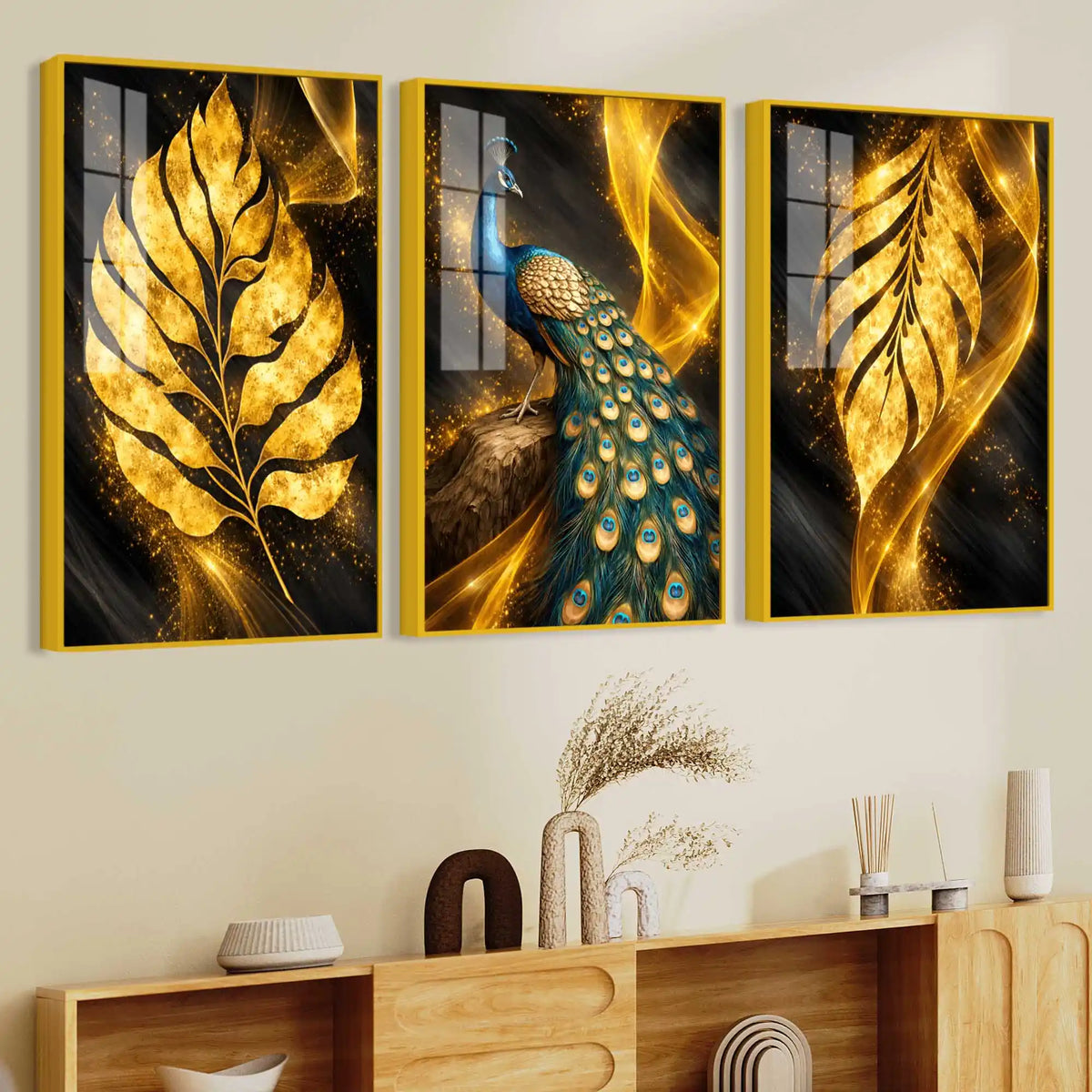 Royal Peacock with Golden Leaf Floating Acrylic Wall Painting Set of 3