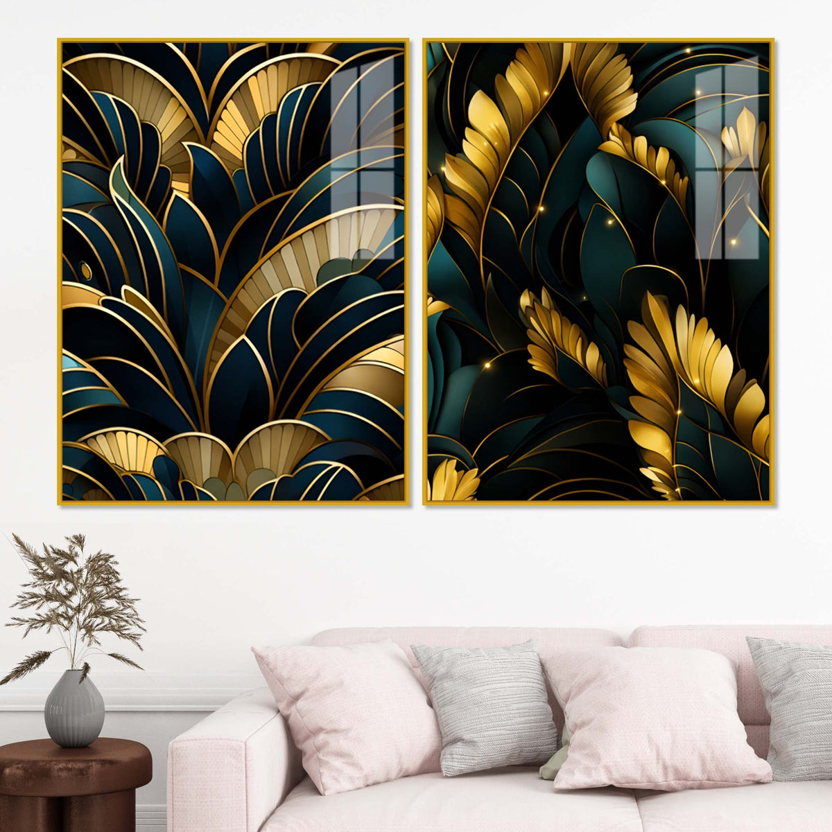 Royal Teal & Golden Botanical Acrylic Floating Wall Painting Set of 2