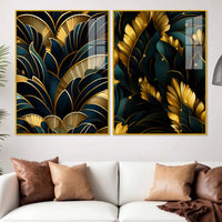 Royal Teal & Golden Botanical Acrylic Floating Wall Painting Set of 2