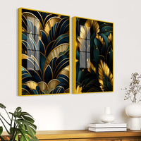 Royal Teal & Golden Botanical Acrylic Floating Wall Painting Set of 2