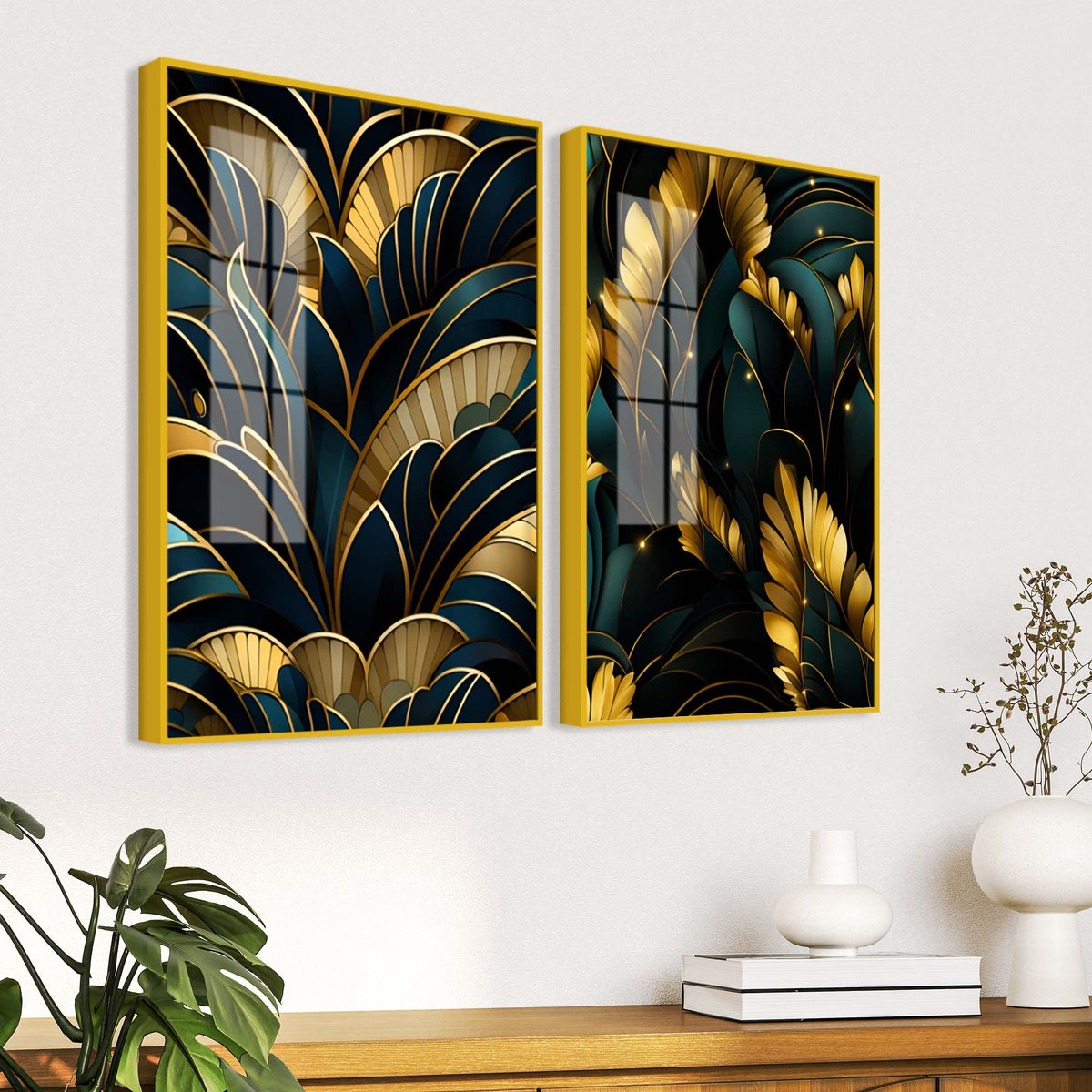 Royal Teal & Golden Botanical Acrylic Floating Wall Painting Set of 2