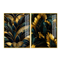 Royal Teal & Golden Botanical Acrylic Floating Wall Painting Set of 2