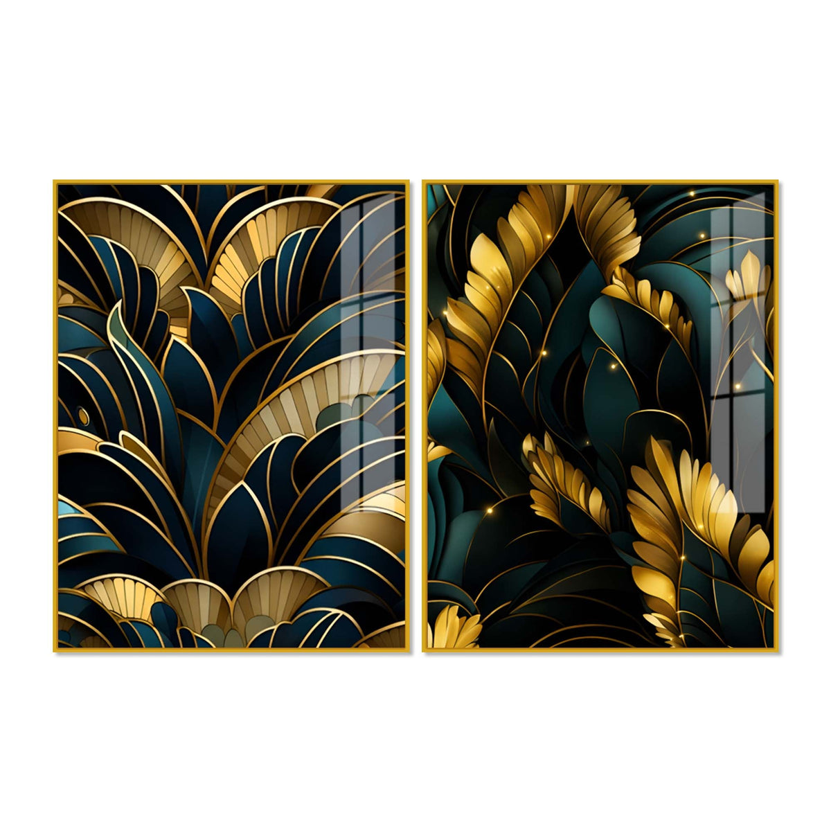 Royal Teal & Golden Botanical Acrylic Floating Wall Painting Set of 2