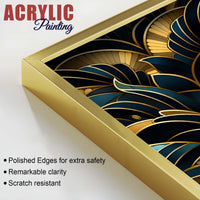 Royal Teal & Golden Botanical Acrylic Floating Wall Painting Set of 2