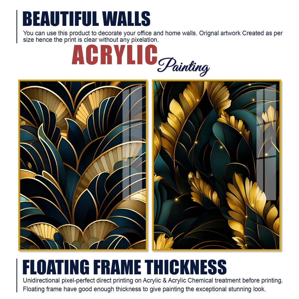 Royal Teal & Golden Botanical Acrylic Floating Wall Painting Set of 2