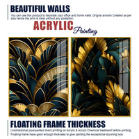 Royal Teal & Golden Botanical Acrylic Floating Wall Painting Set of 2