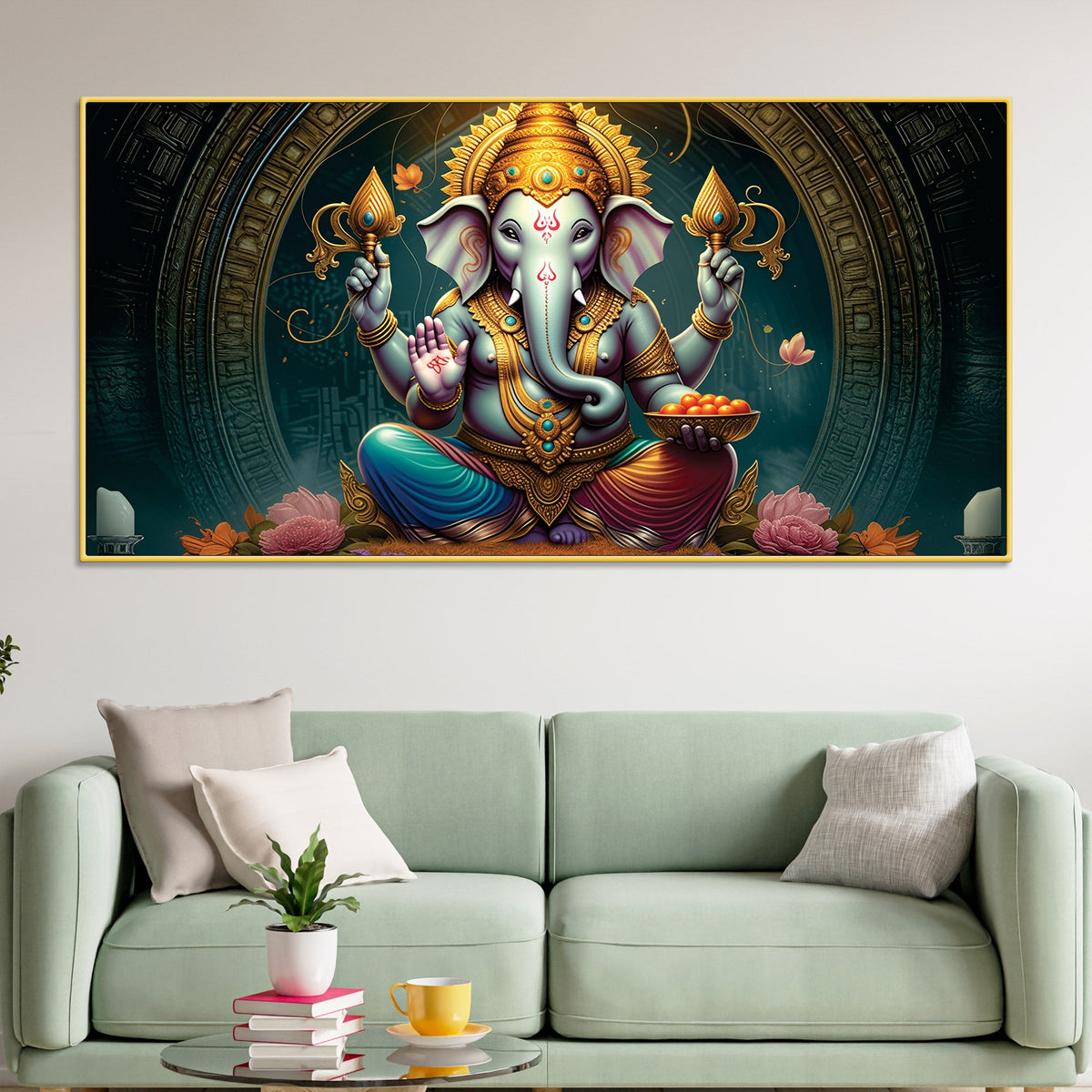Royal Temple Inspired Lord Shri Ganeshji Canvas Wall Art Painting for Home & Office – Elegant Spiritual Wall Décor