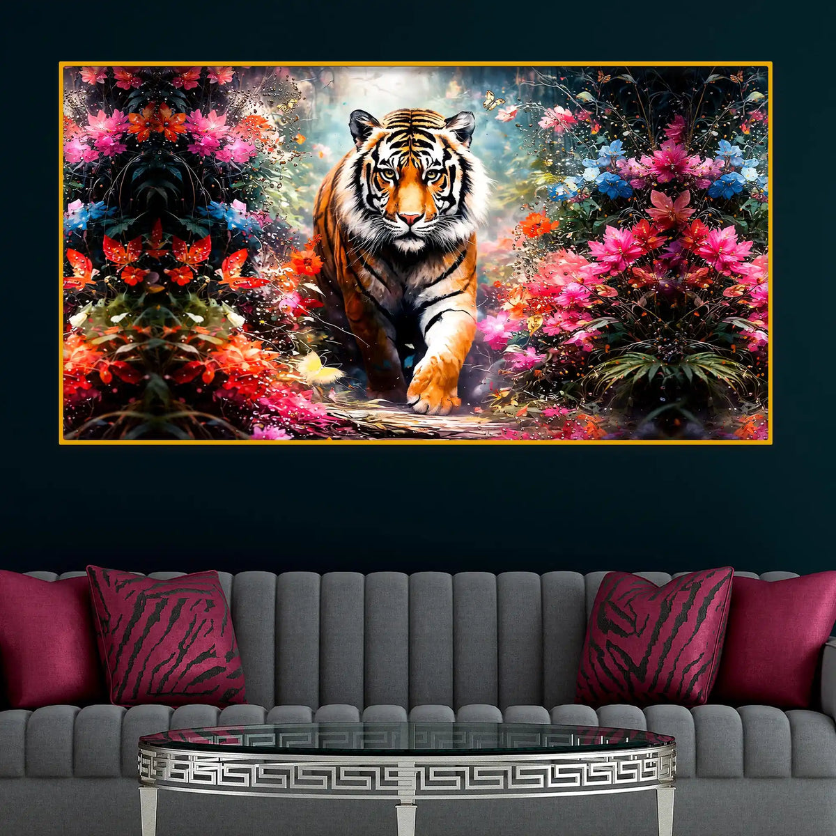Royal Tiger In Floral Garden Crystal Glass Painting for Luxury Wall Decor