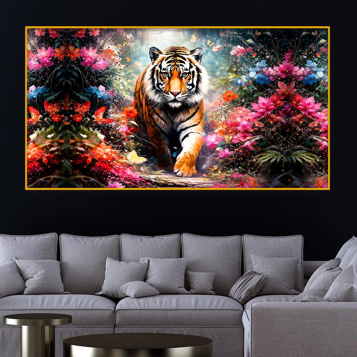 Royal Tiger In Floral Garden Crystal Glass Painting for Luxury Wall Decor