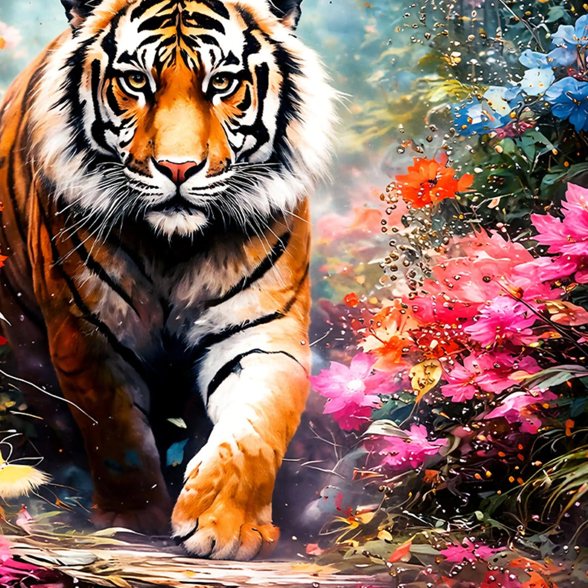 Royal Tiger In Floral Garden Crystal Glass Painting for Luxury Wall Decor