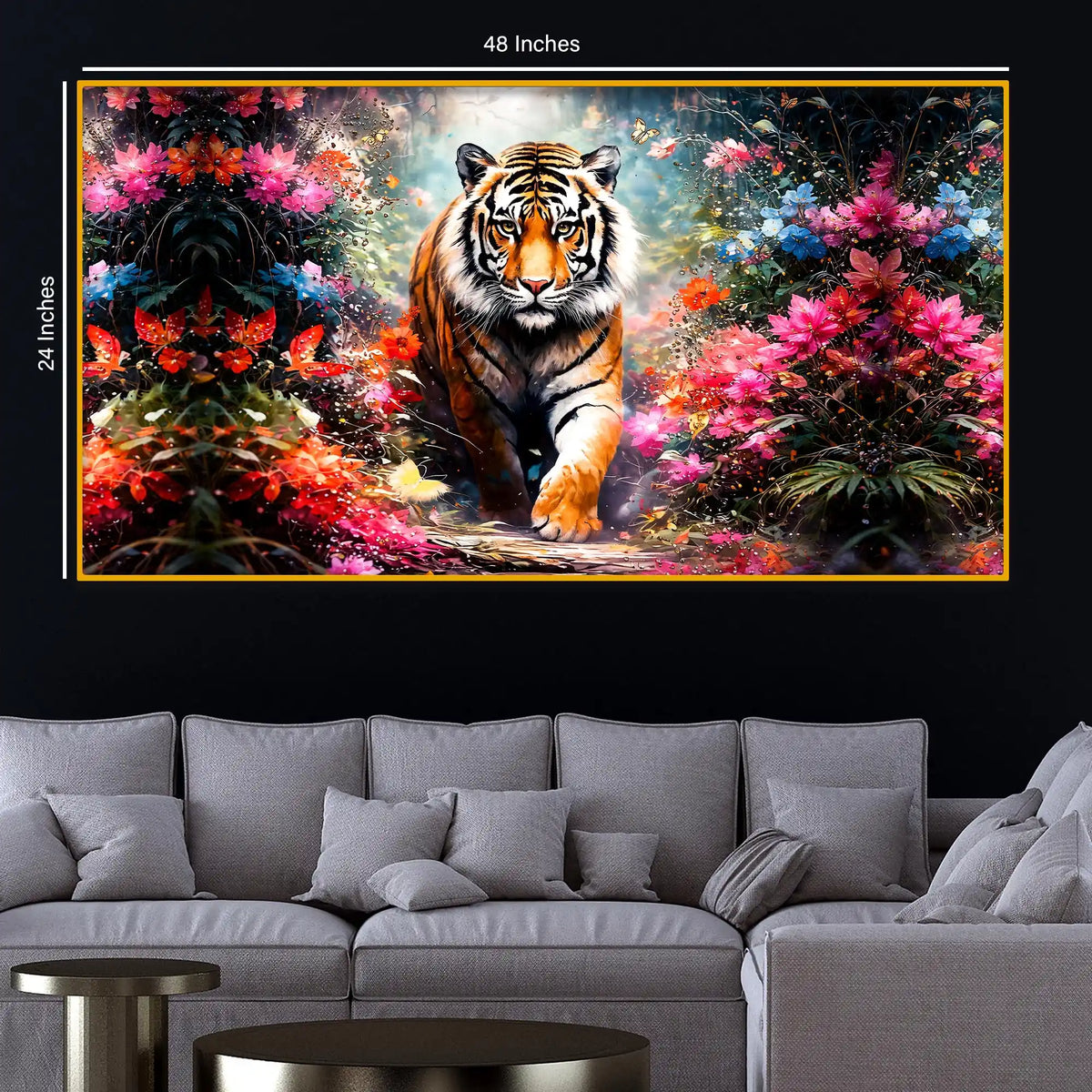 Royal Tiger In Floral Garden Crystal Glass Painting for Luxury Wall Decor