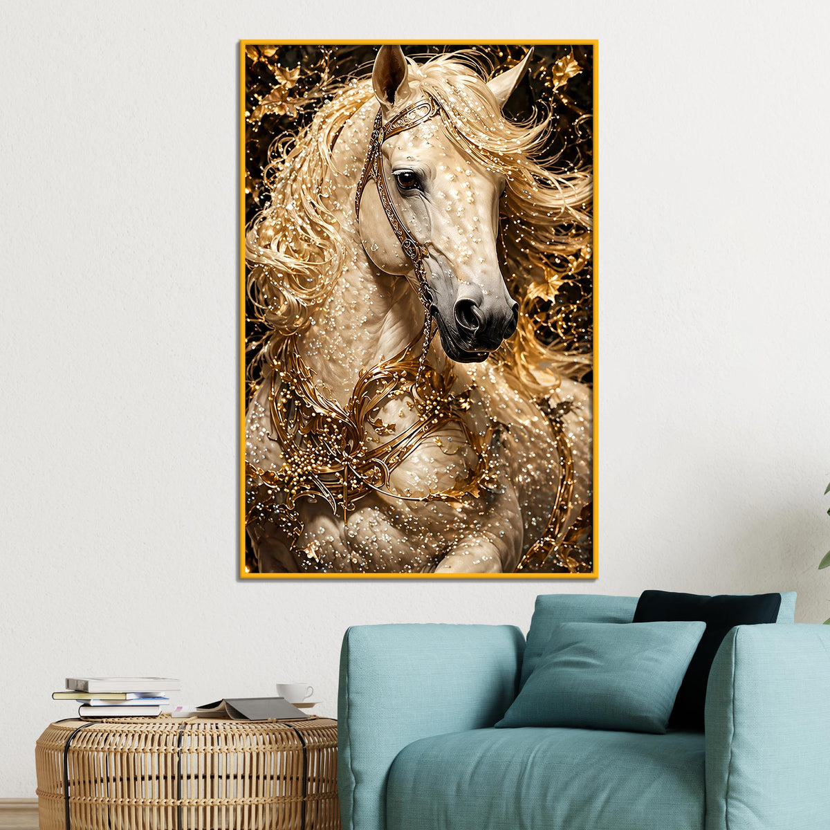 Royal White Horse Floating Frame Crystal Wall Painting