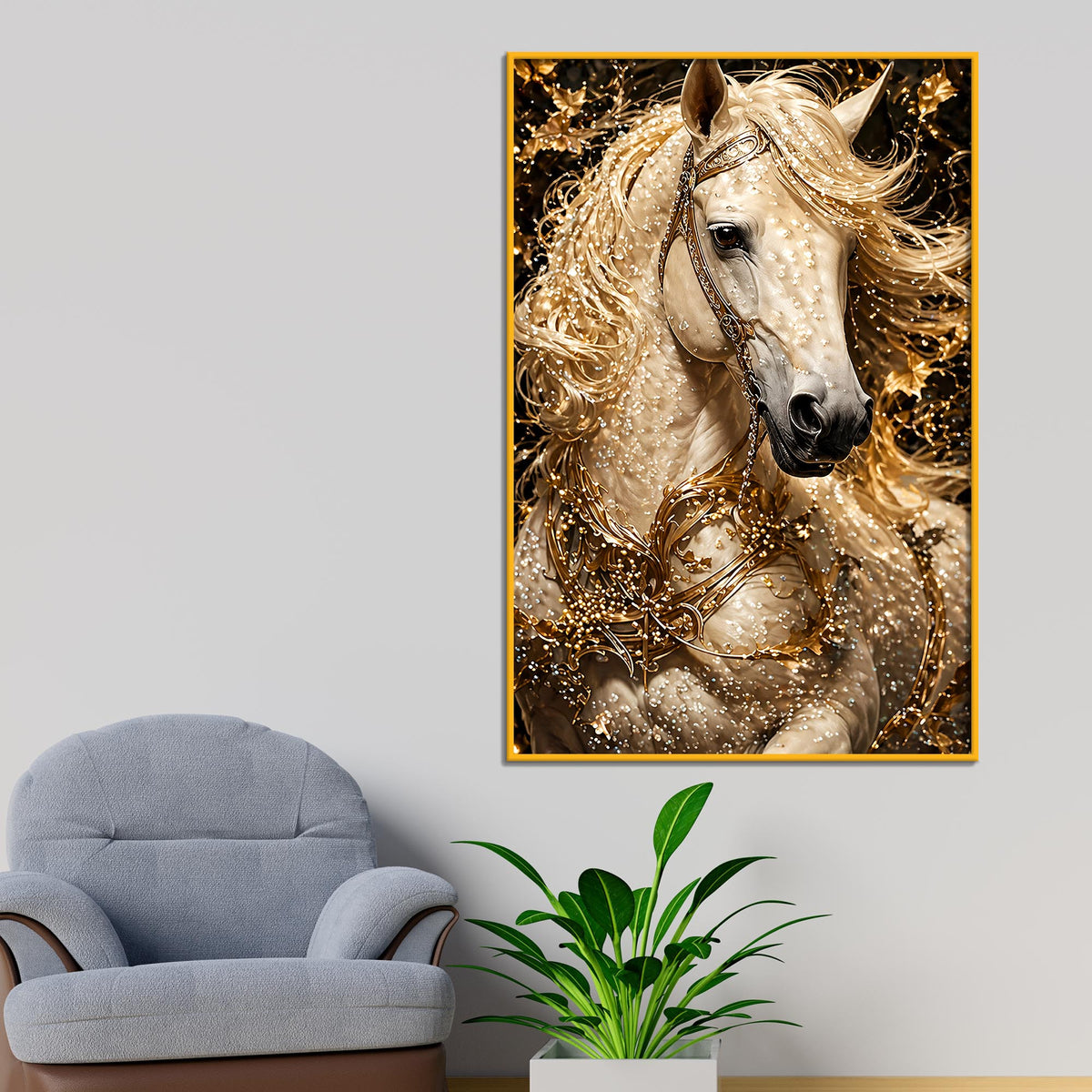 Royal White Horse Floating Frame Crystal Wall Painting