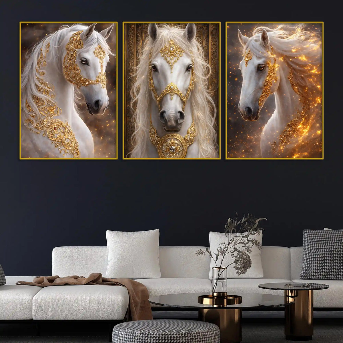 Royal White Stallion Adorned In Golden Ornaments Floating Frame Crystal Wall Painting Set of 3
