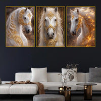 Royal White Stallion Adorned In Golden Ornaments Floating Frame Crystal Wall Painting Set of 3