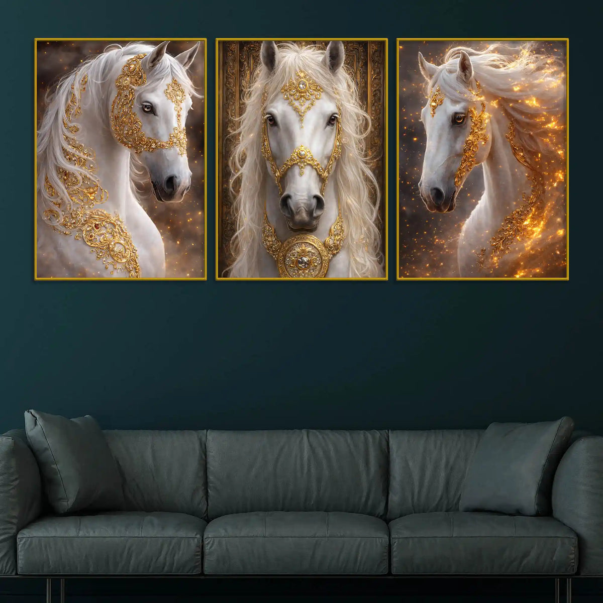 Royal White Stallion Adorned In Golden Ornaments Floating Frame Crystal Wall Painting Set of 3