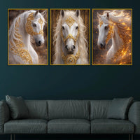 Royal White Stallion Adorned In Golden Ornaments Floating Frame Crystal Wall Painting Set of 3
