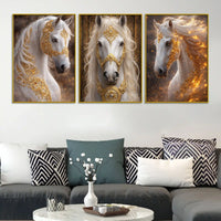 Royal White Stallion Adorned In Golden Ornaments Floating Frame Crystal Wall Painting Set of 3