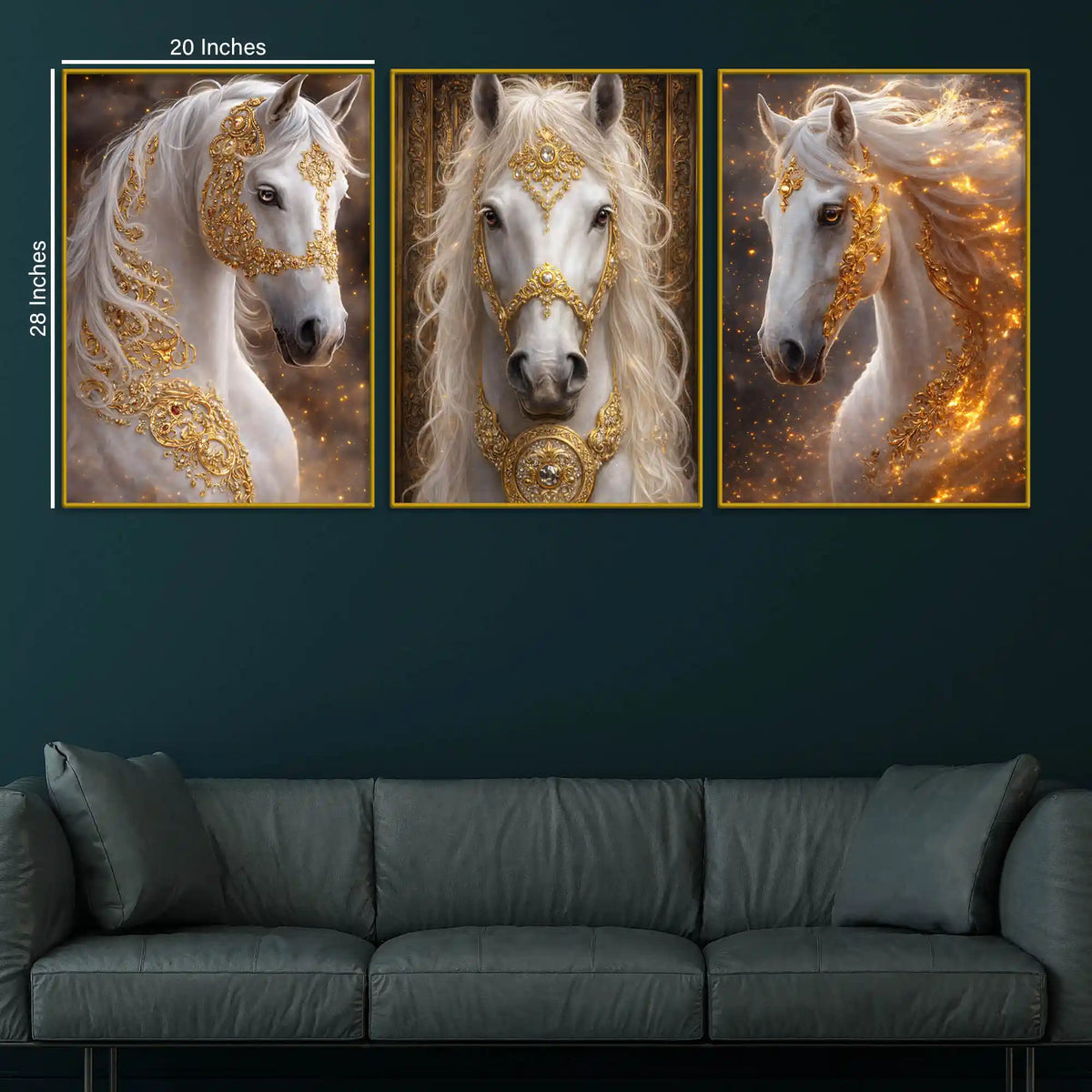 Royal White Stallion Adorned In Golden Ornaments Floating Frame Crystal Wall Painting Set of 3