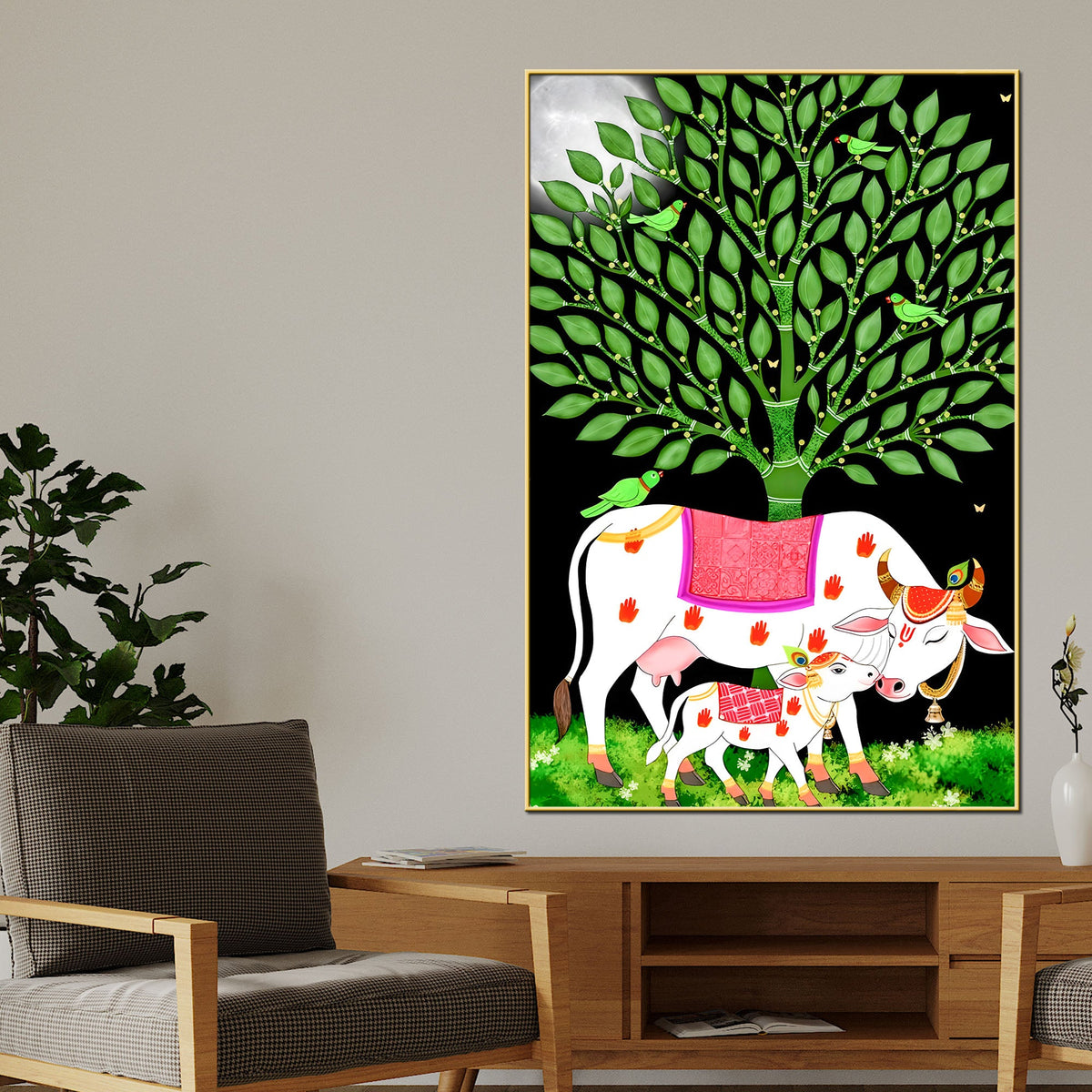 Sacred Cow and Calf Tree of Life Canvas Painting