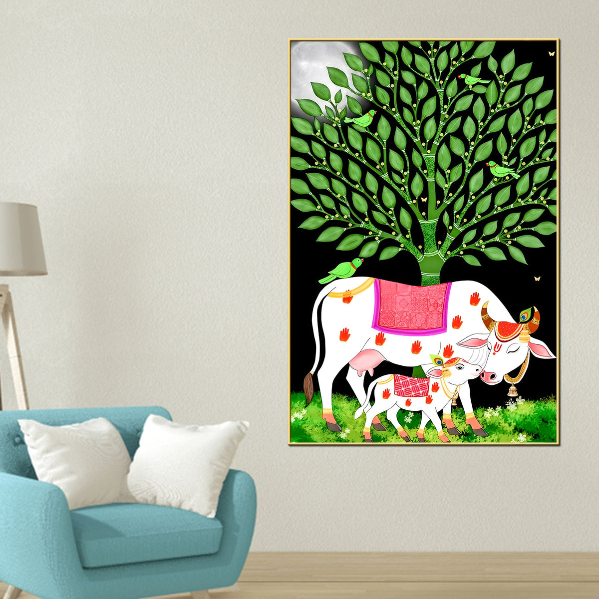 Sacred Cow and Calf Tree of Life Canvas Painting