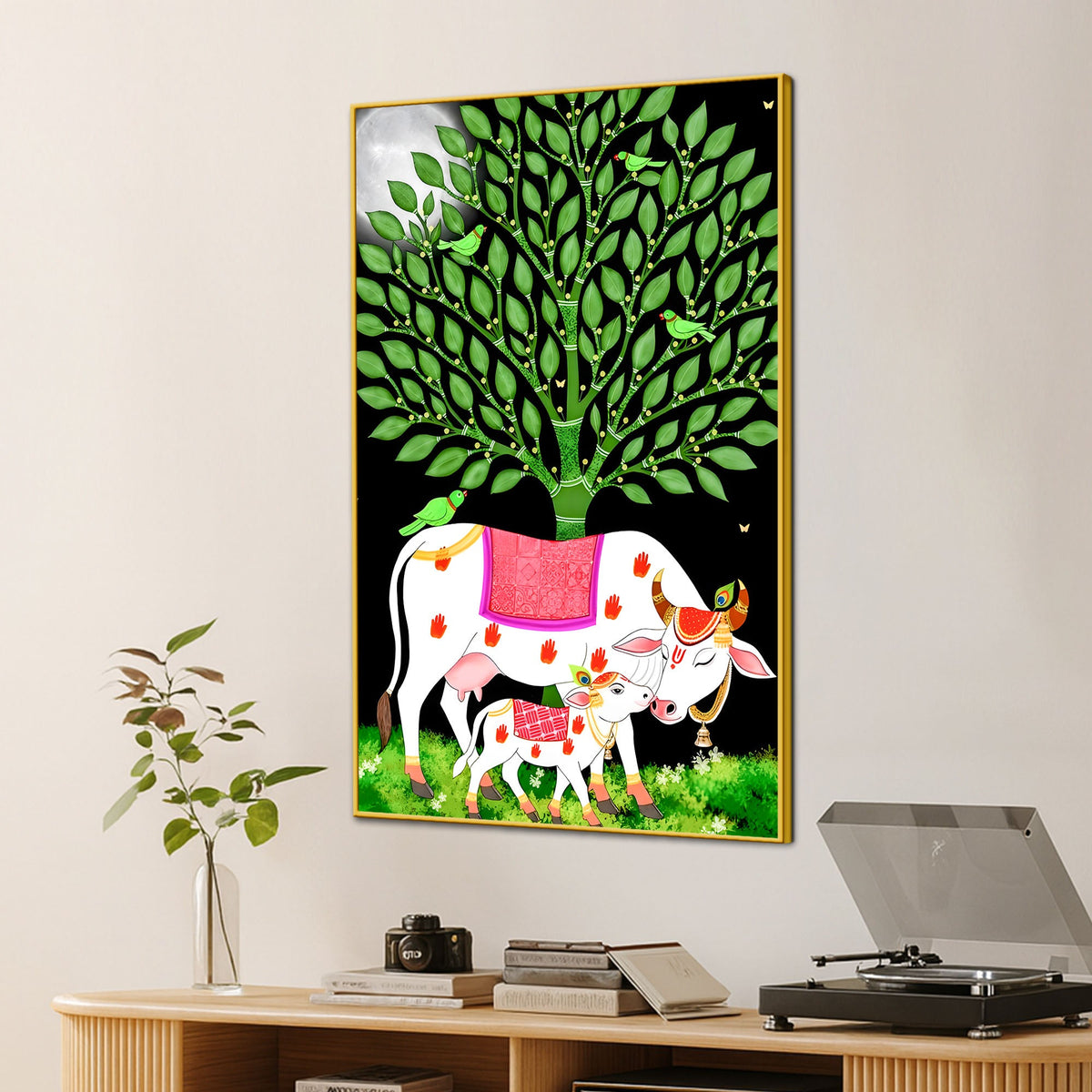 Sacred Cow and Calf Tree of Life Canvas Painting