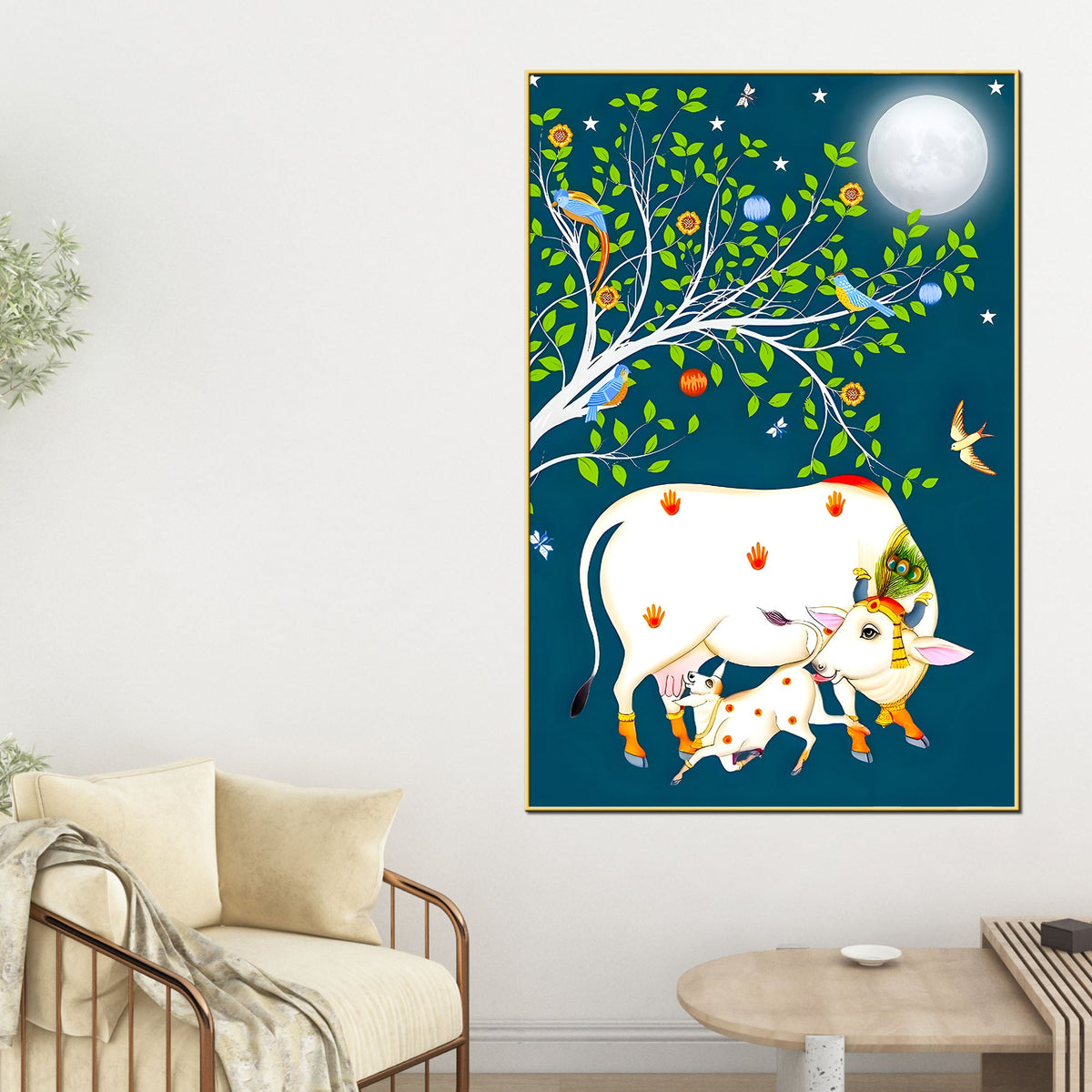 Sacred Cow and Calf Tree of Life Night Canvas Painting