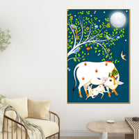 Sacred Cow and Calf Tree of Life Night Canvas Painting