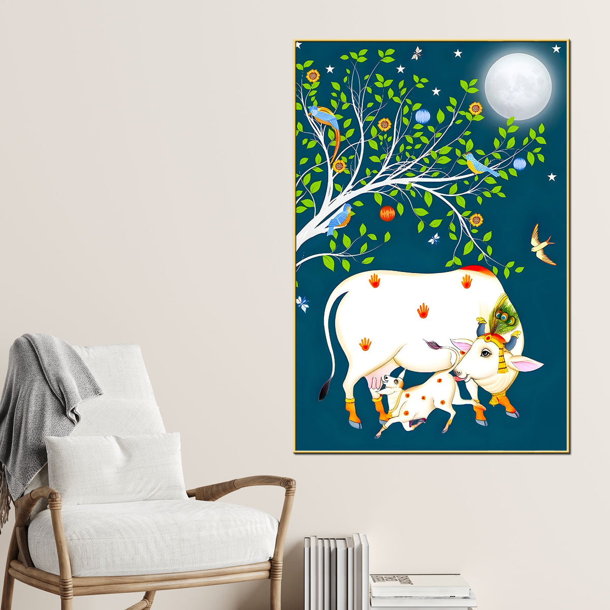 Sacred Cow and Calf Tree of Life Night Canvas Painting