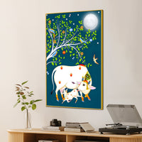 Sacred Cow and Calf Tree of Life Night Canvas Painting