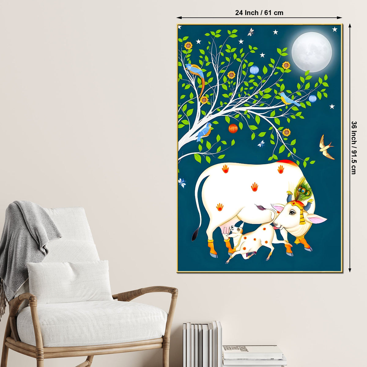 Sacred Cow and Calf Tree of Life Night Canvas Painting