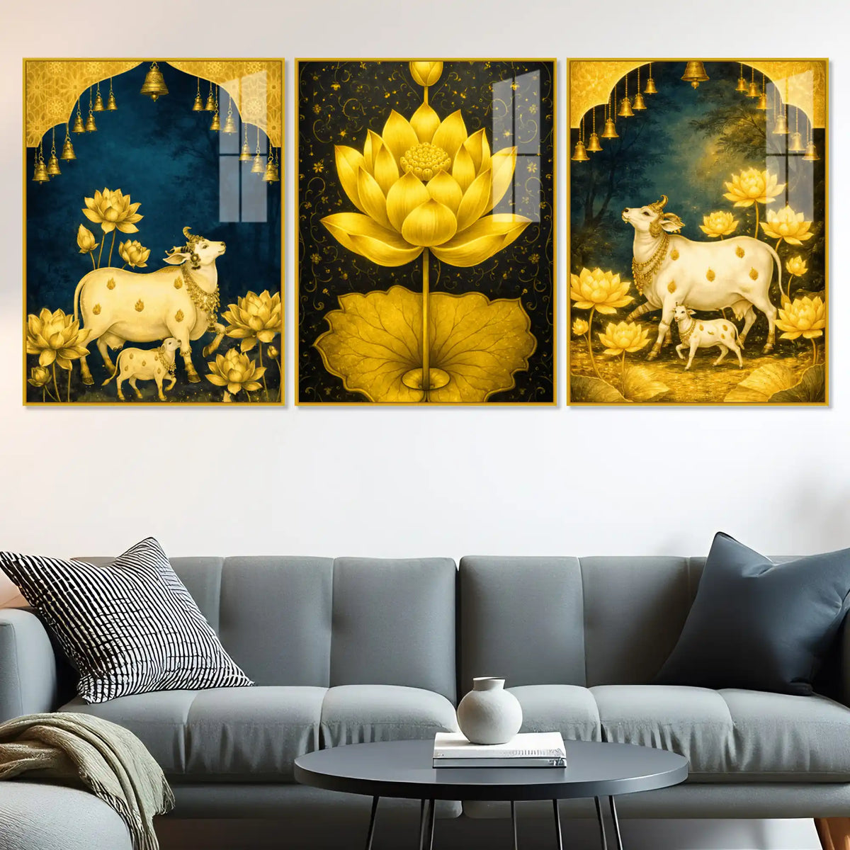 Sacred Cow and Lotus Floating Acrylic Painting Set of 3