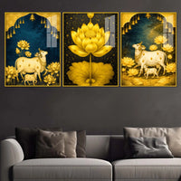 Sacred Cow and Lotus Floating Acrylic Painting Set of 3