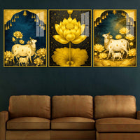Sacred Cow and Lotus Floating Acrylic Painting Set of 3