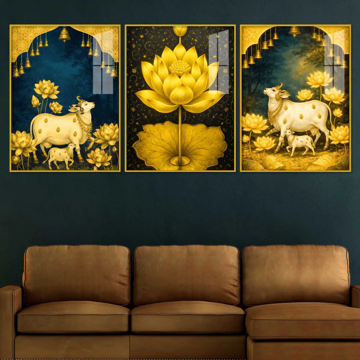 Sacred Cow and Lotus Floating Acrylic Painting Set of 3