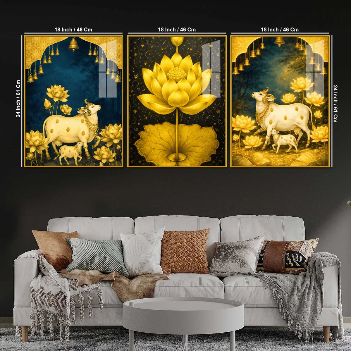 Sacred Cow and Lotus Floating Acrylic Painting Set of 3